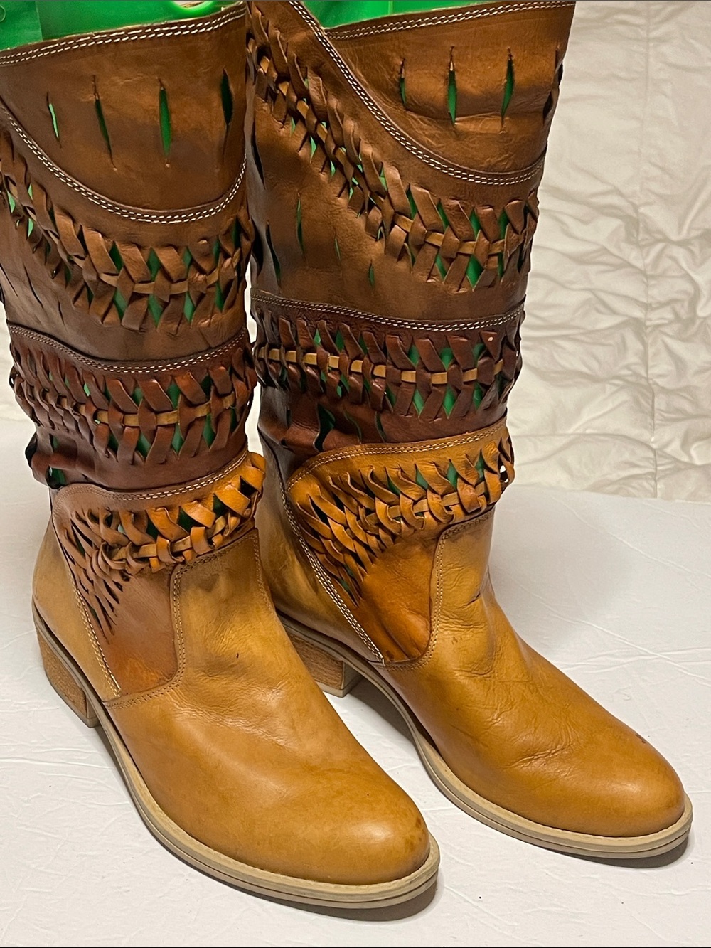 Women's Summit Tan Woven Leather Mid-Calf Boots Size 6.5